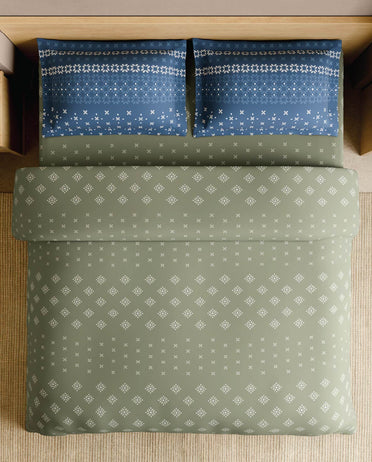 Spaces Lippan Light Green Ornate 100% Cotton 210 TC Large Bedsheet with 2 Pillow Covers - 108 x 108 Inches