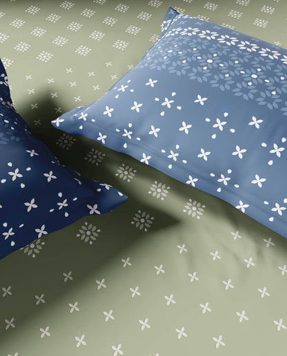 Spaces Lippan Light Green Ornate 100% Cotton 210 TC Large Bedsheet with 2 Pillow Covers - 108 x 108 Inches