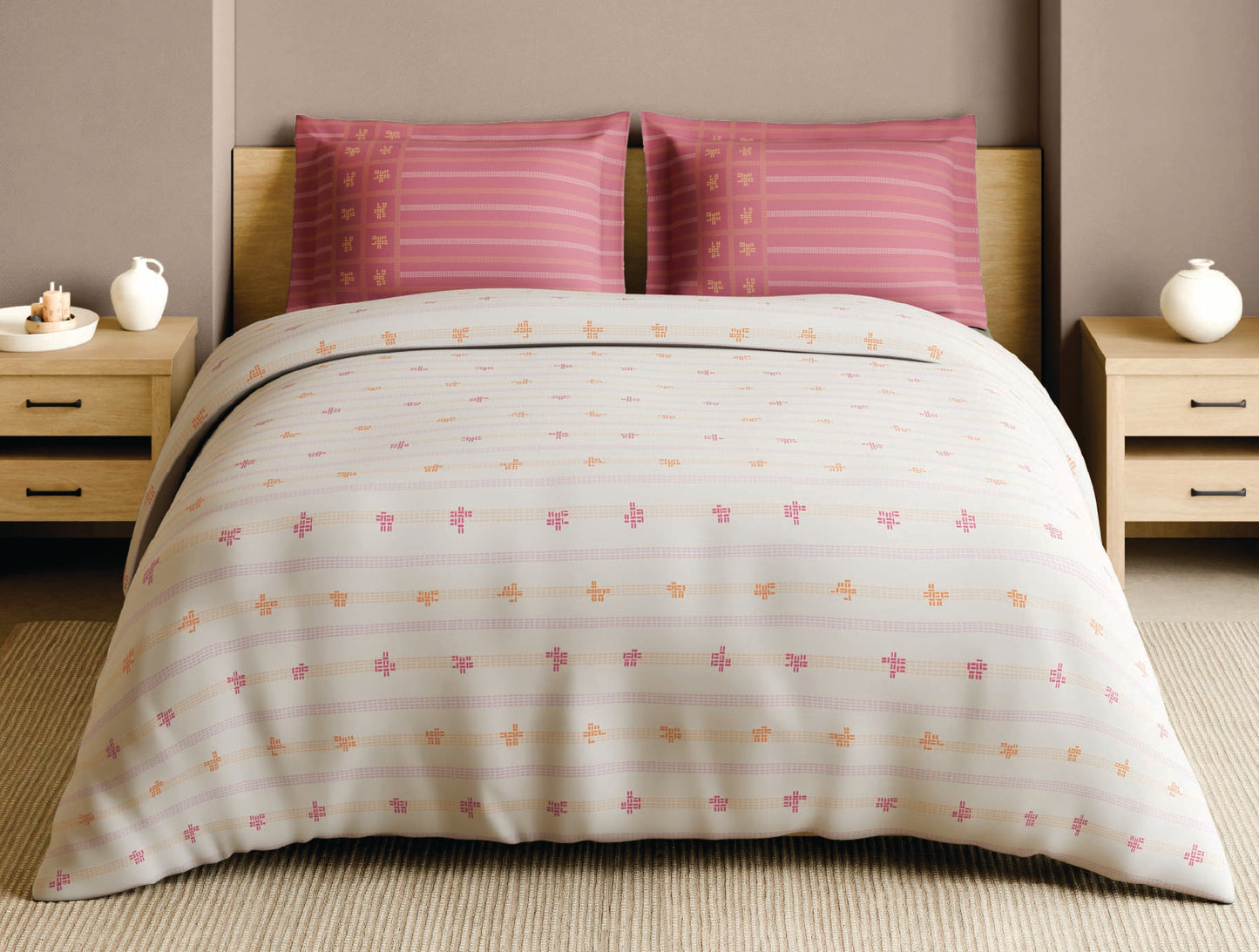 Spaces Gond Cream Geometric 100% Cotton Large Bedsheet with 2 Pillow Covers - 108 x 108 Inches