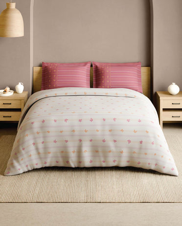 Spaces Gond Cream Geometric 100% Cotton 210 TC Large Bedsheet with 2 Pillow Covers - 108 x 108 Inches