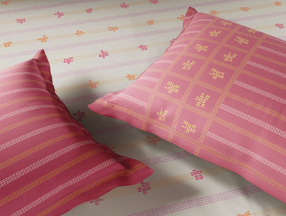 Spaces Gond Cream Geometric 100% Cotton Large Bedsheet with 2 Pillow Covers - 108 x 108 Inches