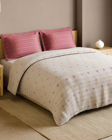 Spaces Gond Cream Geometric 100% Cotton 210 TC Large Bedsheet with 2 Pillow Covers - 108 x 108 Inches