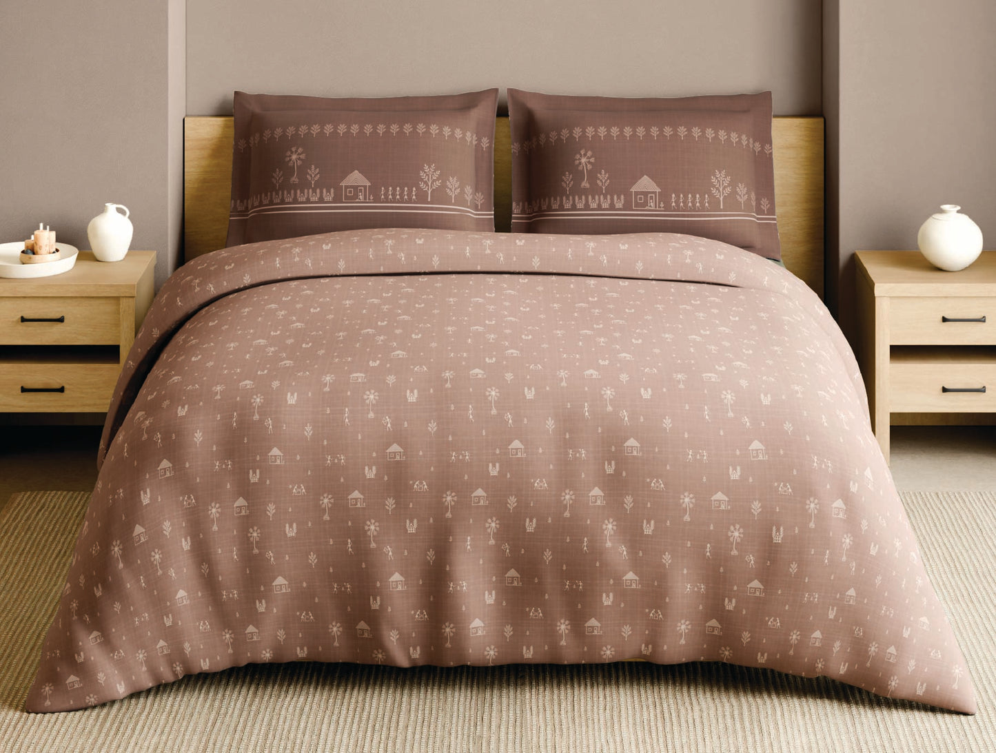 Spaces Warli Light Brown Abstract 100% Cotton Large Bedsheet with 2 Pillow Covers - 108 x 108 Inches