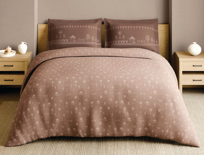 Spaces Warli Light Brown Abstract 100% Cotton Large Bedsheet with 2 Pillow Covers - 108 x 108 Inches