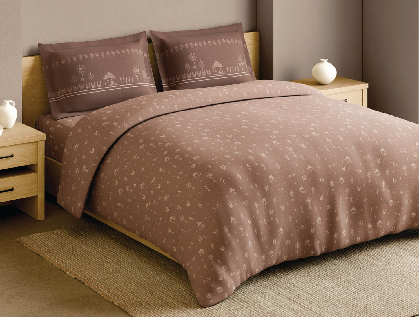 Spaces Warli Light Brown Abstract 100% Cotton Large Bedsheet with 2 Pillow Covers - 108 x 108 Inches
