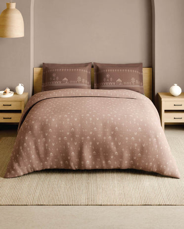 Spaces Warli Light Brown Abstract 100% Cotton 210 TC Large Bedsheet with 2 Pillow Covers - 108 x 108 Inches