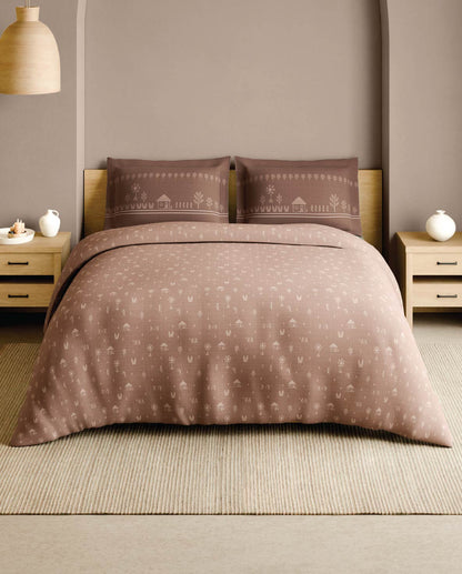 Spaces Warli Light Brown Abstract 100% Cotton 210 TC Large Bedsheet with 2 Pillow Covers - 108 x 108 Inches