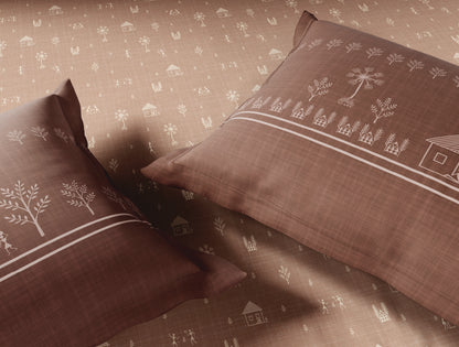 Spaces Warli Light Brown Abstract 100% Cotton Large Bedsheet with 2 Pillow Covers - 108 x 108 Inches