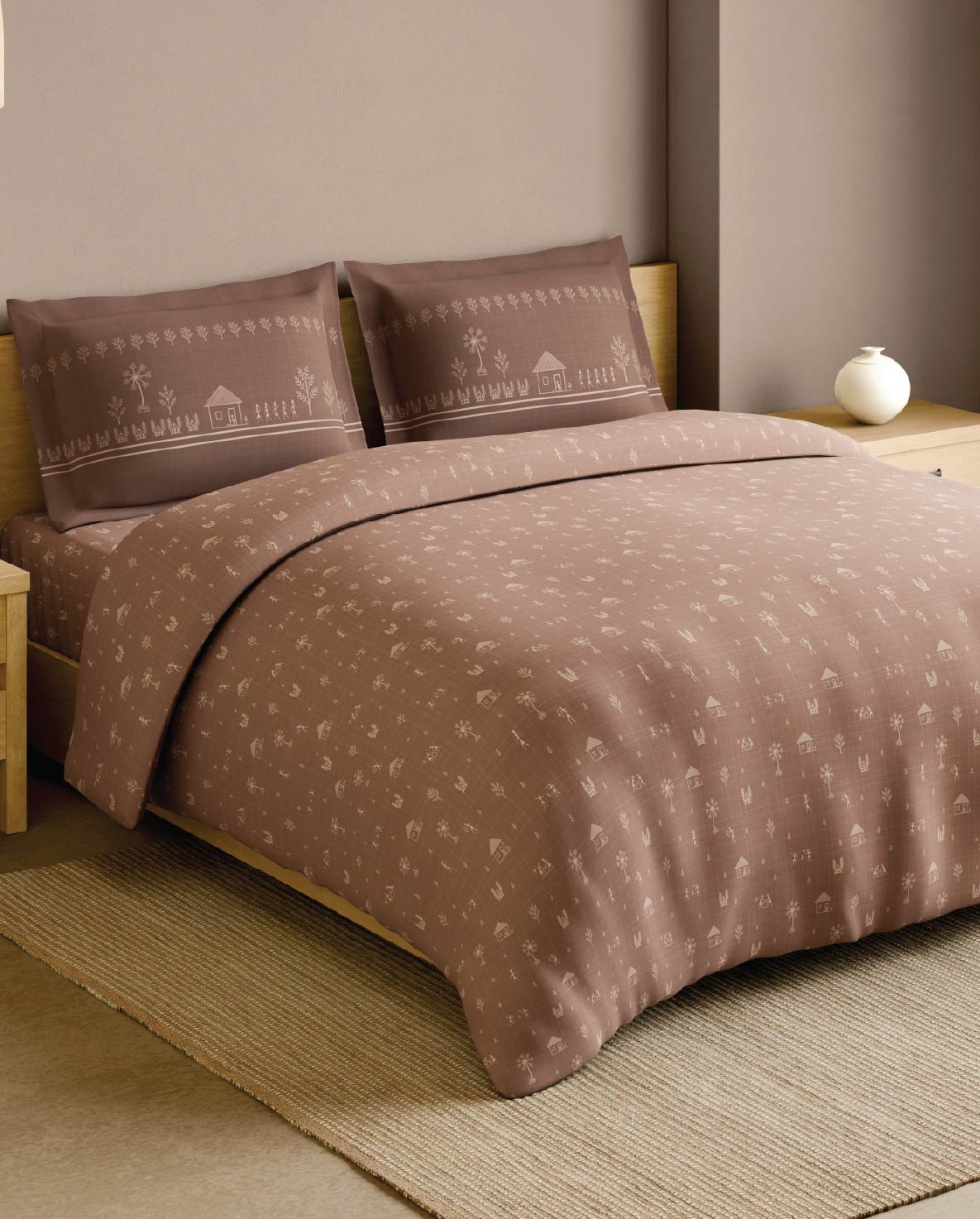 Spaces Warli Light Brown Abstract 100% Cotton 210 TC Large Bedsheet with 2 Pillow Covers - 108 x 108 Inches
