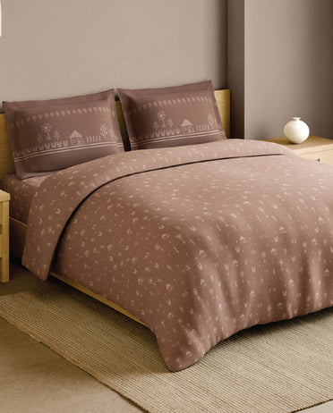 Spaces Warli Light Brown Abstract 100% Cotton 210 TC Large Bedsheet with 2 Pillow Covers - 108 x 108 Inches