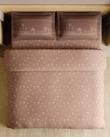 Spaces Warli Light Brown Abstract 100% Cotton 210 TC Large Bedsheet with 2 Pillow Covers - 108 x 108 Inches