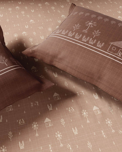 Spaces Warli Light Brown Abstract 100% Cotton 210 TC Large Bedsheet with 2 Pillow Covers - 108 x 108 Inches