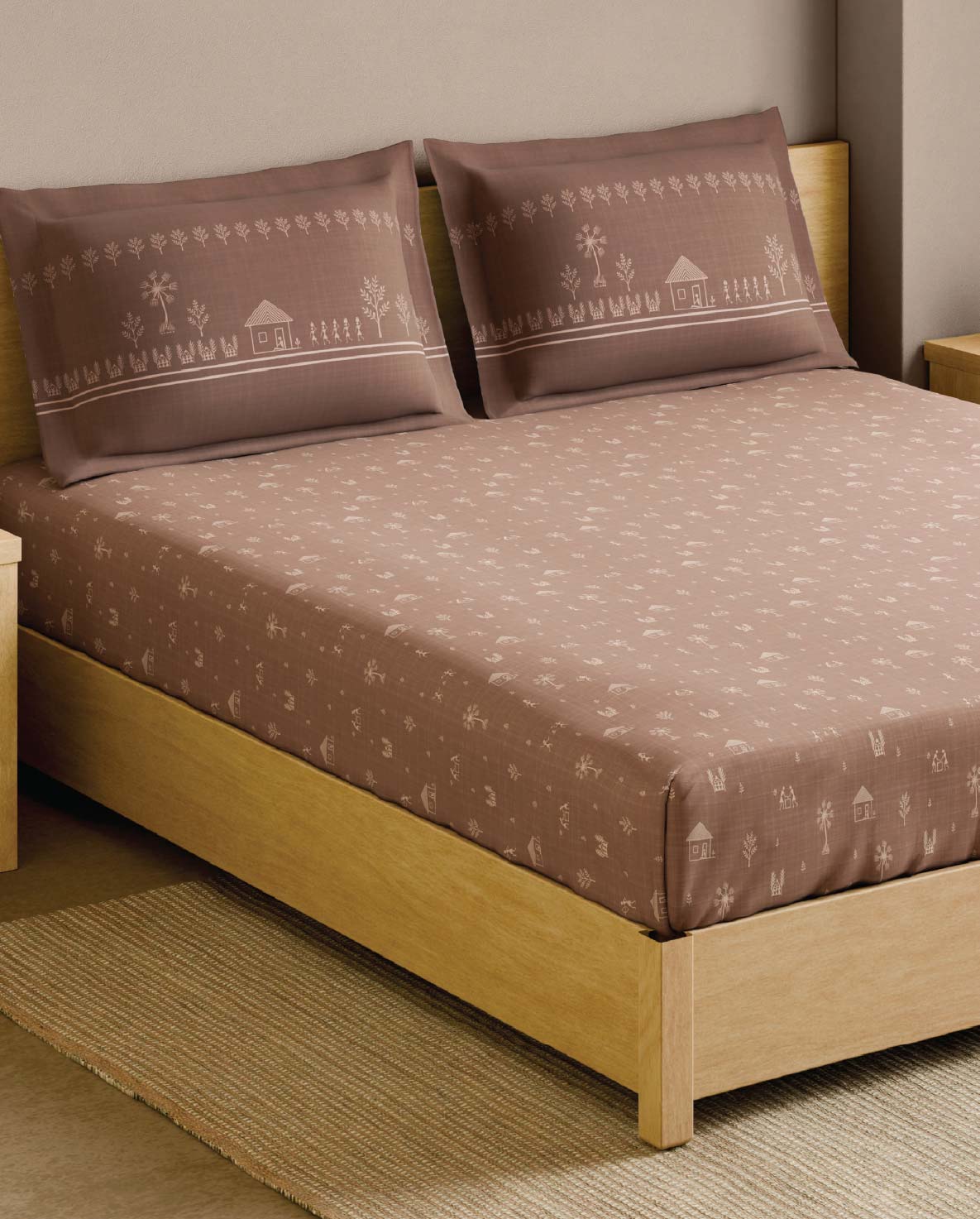 Spaces Warli Light Brown Abstract 100% Cotton 210 TC Large Bedsheet with 2 Pillow Covers - 108 x 108 Inches