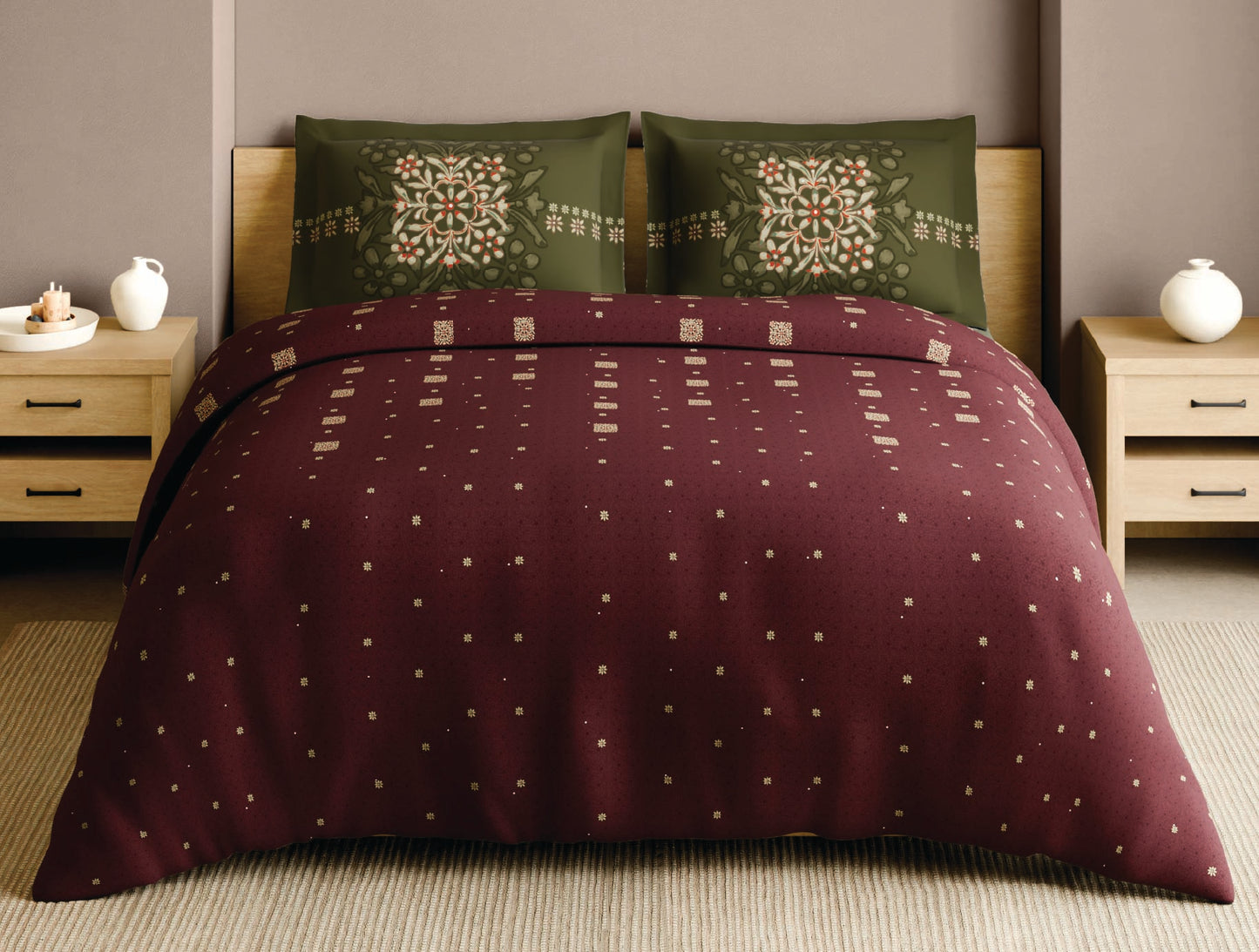 Spaces Meenakari Beige Floral 100% Cotton Large Bedsheet with 2 Pillow Covers - 108 x 108 Inches
