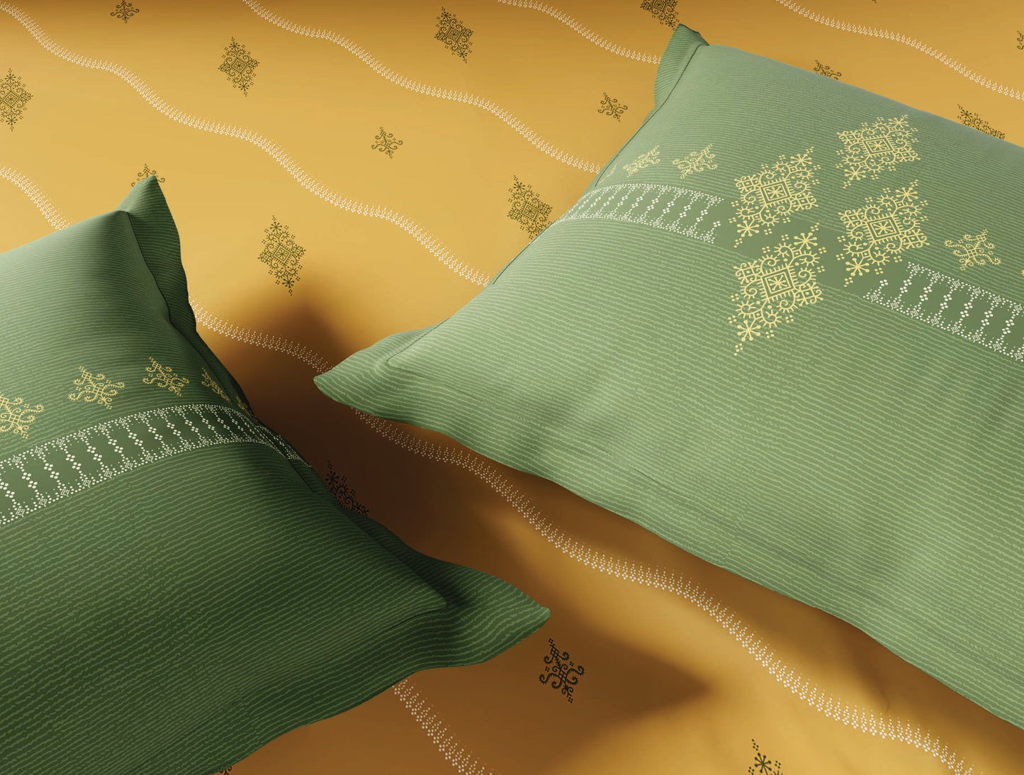 Spaces Godna Yellow Ornate 100% Cotton Large Bedsheet with 2 Pillow Covers - 108 x 108 Inches