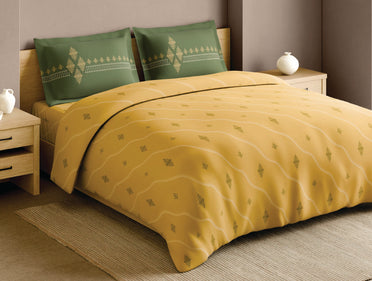 Spaces Godna Yellow Ornate 100% Cotton 210 TC Large Bedsheet with 2 Pillow Covers - 108 x 108 Inches