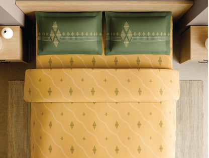 Spaces Godna Yellow Ornate 100% Cotton Large Bedsheet with 2 Pillow Covers - 108 x 108 Inches