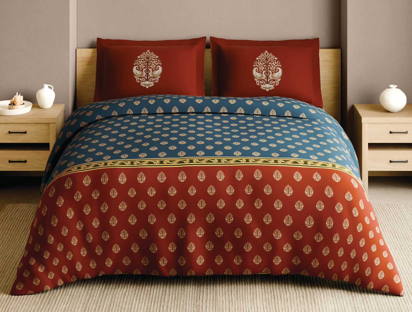 Spaces Patachitra Dark Blue Ornate 100% Cotton Large Bedsheet with 2 Pillow Covers - 108 x 108 Inches