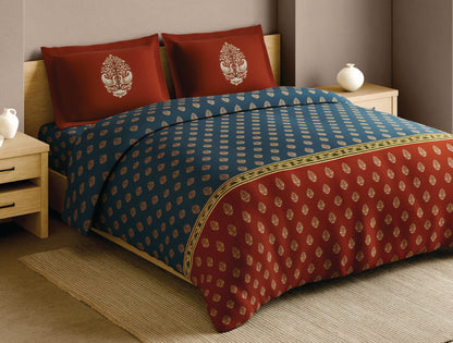 Spaces Patachitra Dark Blue Ornate 100% Cotton Large Bedsheet with 2 Pillow Covers - 108 x 108 Inches