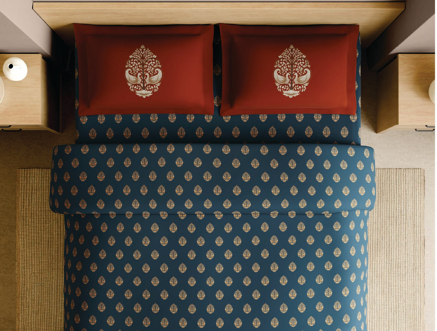 Spaces Patachitra Dark Blue Ornate 100% Cotton Large Bedsheet with 2 Pillow Covers - 108 x 108 Inches