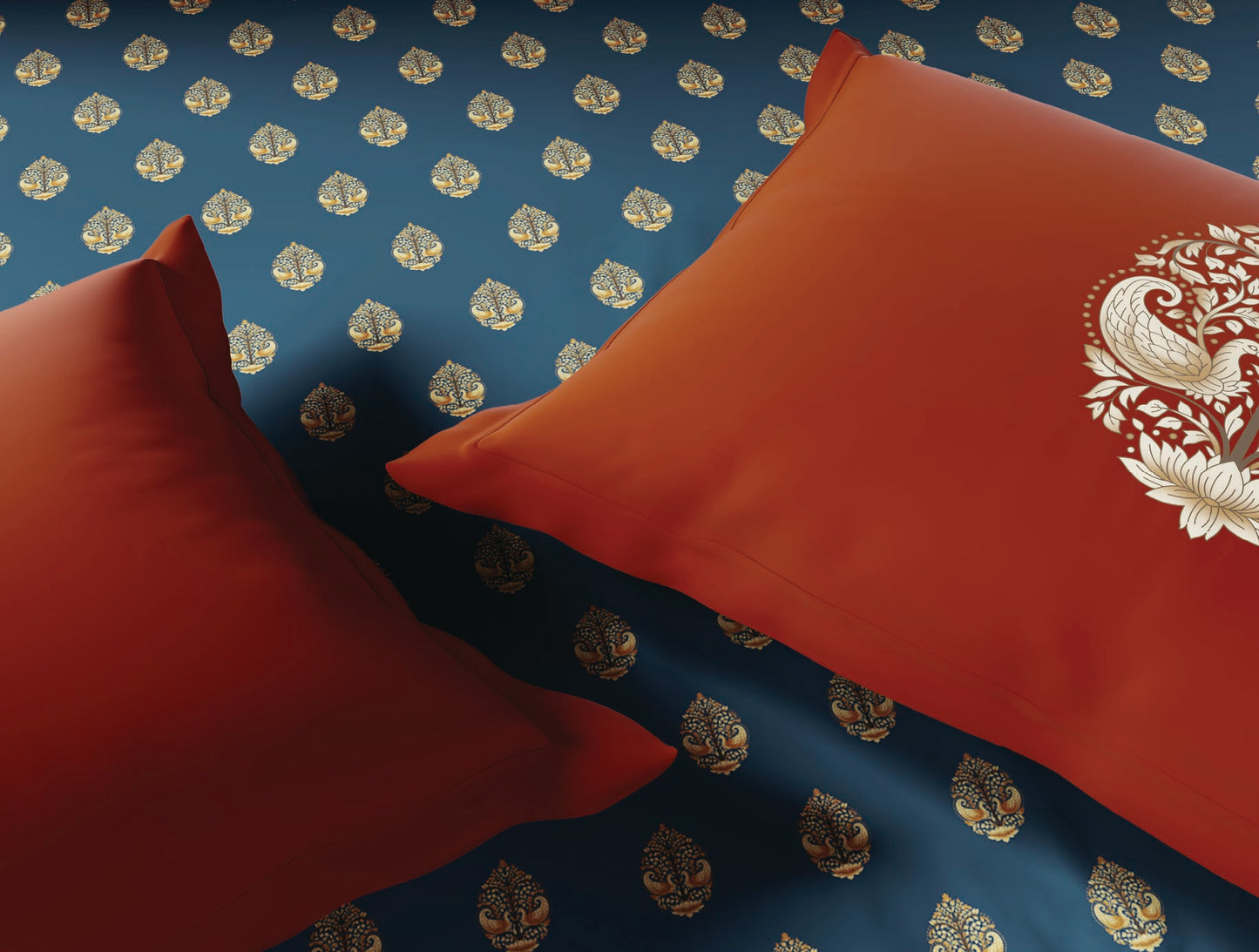 Spaces Patachitra Dark Blue Ornate 100% Cotton Large Bedsheet with 2 Pillow Covers - 108 x 108 Inches