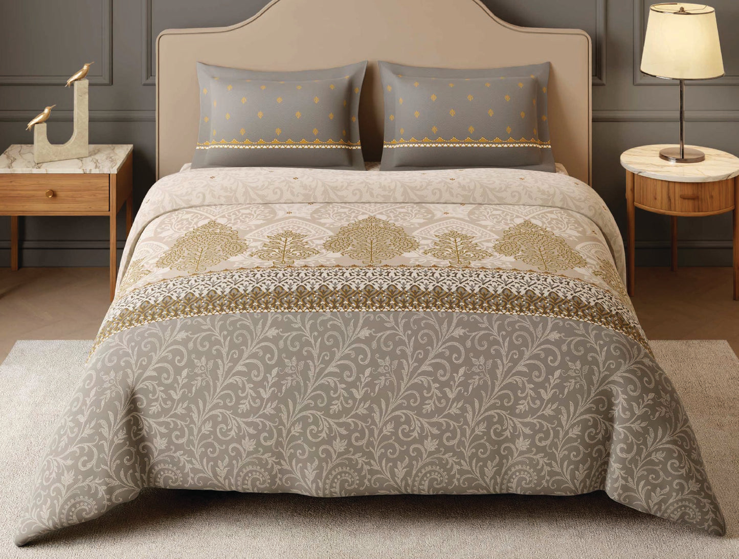 Spaces Dhokra 100% Cotton Floral Cream Festive Large Bedsheet with 2 Pillow Covers - 108 x 108 Inches