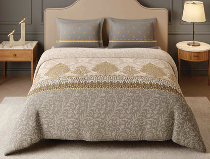 Spaces Dhokra 100% Cotton Floral Cream Festive Large Bedsheet with 2 Pillow Covers - 108 x 108 Inches