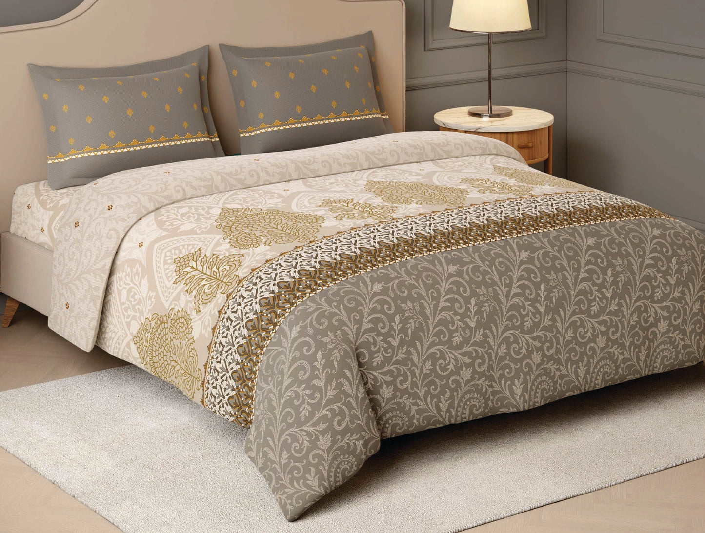 Spaces Dhokra 100% Cotton Floral Cream Festive Large Bedsheet with 2 Pillow Covers - 108 x 108 Inches