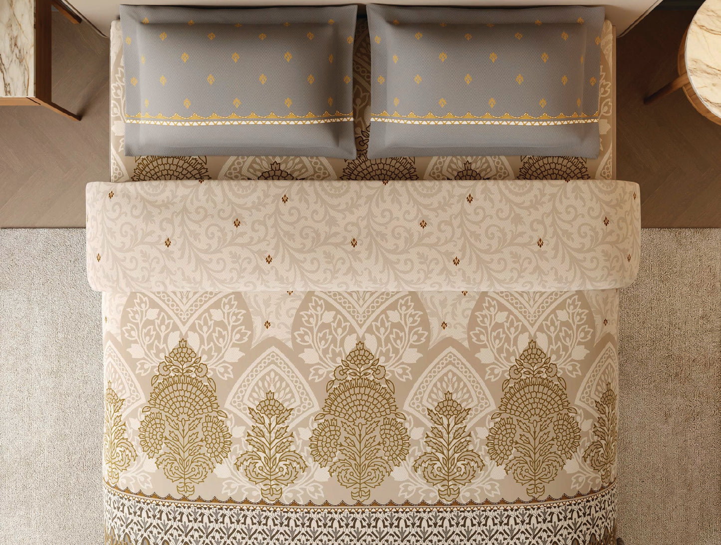 Spaces Dhokra 100% Cotton Floral Cream Festive Large Bedsheet with 2 Pillow Covers - 108 x 108 Inches