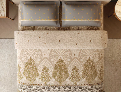 Spaces Dhokra 100% Cotton Floral Cream Festive Large Bedsheet with 2 Pillow Covers - 108 x 108 Inches