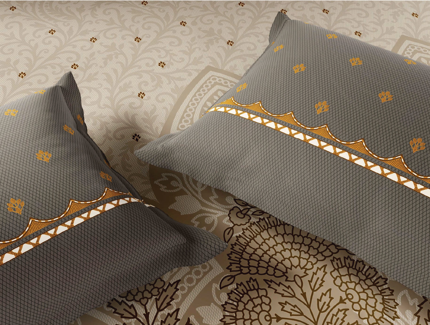 Spaces Dhokra 100% Cotton Floral Cream Festive Large Bedsheet with 2 Pillow Covers - 108 x 108 Inches