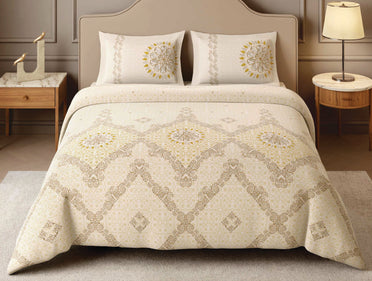 Spaces Marble Inlay Light Yellow Ornate 100% Cotton 210 TC Large Bedsheet with 2 Pillow Covers - 108 x 108 Inches