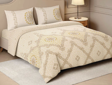 Spaces Marble Inlay Light Yellow Ornate 100% Cotton 210 TC Large Bedsheet with 2 Pillow Covers - 108 x 108 Inches