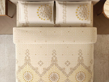 Spaces Marble Inlay Light Yellow Ornate 100% Cotton 210 TC Large Bedsheet with 2 Pillow Covers - 108 x 108 Inches