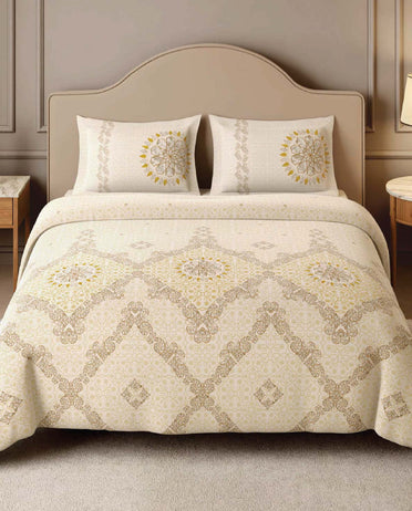 Spaces Marble Inlay Light Yellow Ornate 100% Cotton 210 TC Large Bedsheet with 2 Pillow Covers - 108 x 108 Inches