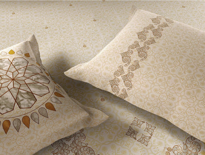 Spaces Marble Inlay Light Yellow Ornate 100% Cotton Large Bedsheet with 2 Pillow Covers - 108 x 108 Inches