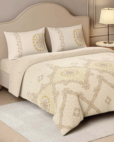 Spaces Marble Inlay Light Yellow Ornate 100% Cotton 210 TC Large Bedsheet with 2 Pillow Covers - 108 x 108 Inches