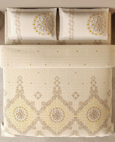 Spaces Marble Inlay Light Yellow Ornate 100% Cotton 210 TC Large Bedsheet with 2 Pillow Covers - 108 x 108 Inches