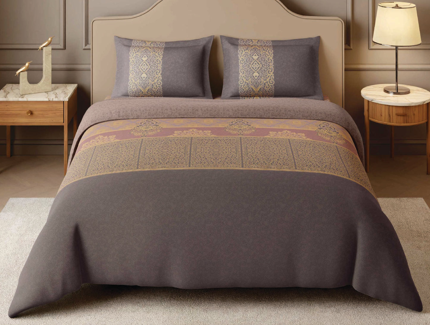 Spaces Tarakashi Light Brown Ornate 100% Cotton Large Bedsheet with 2 Pillow Covers - 108 x 108 Inches