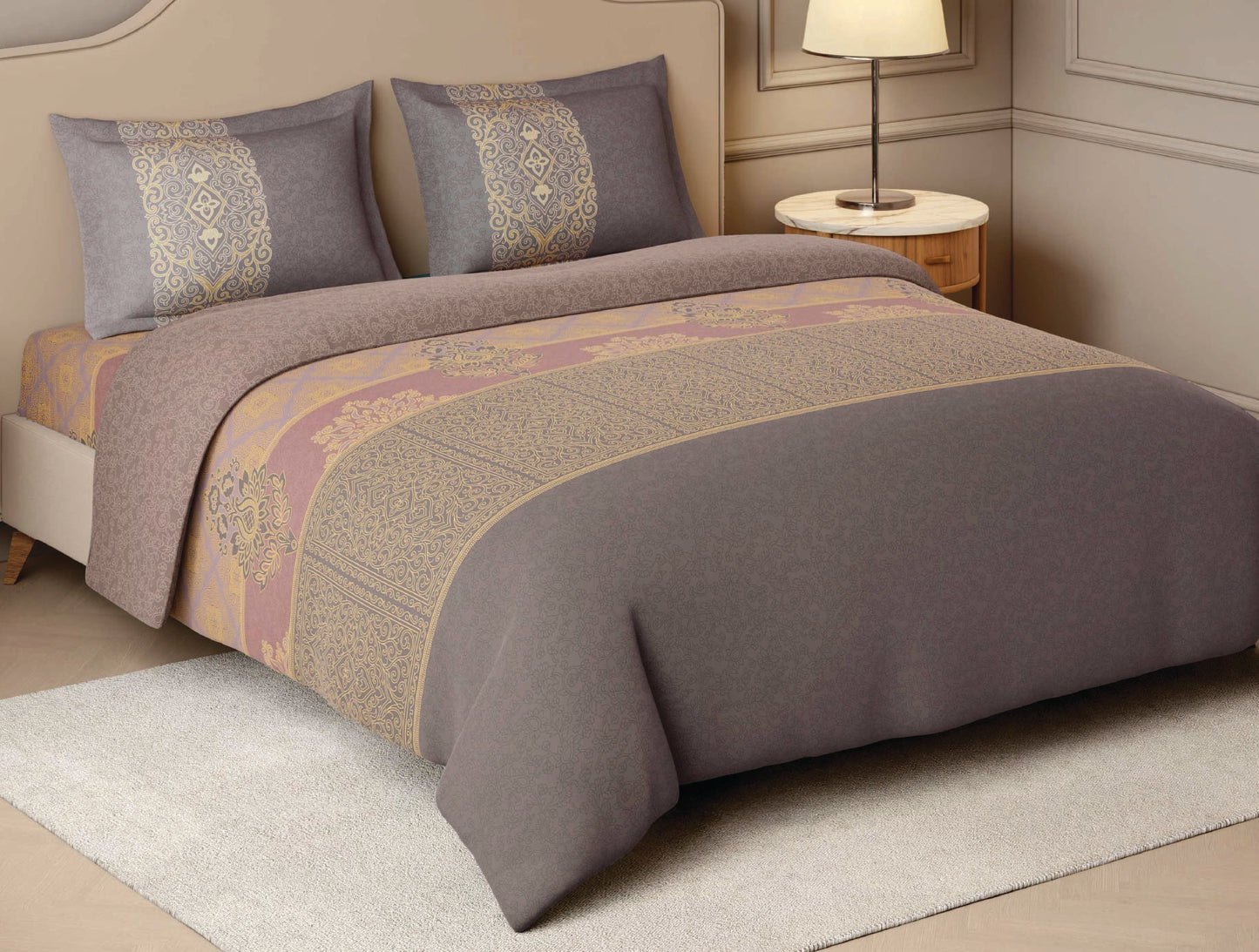 Spaces Tarakashi Light Brown Ornate 100% Cotton Large Bedsheet with 2 Pillow Covers - 108 x 108 Inches
