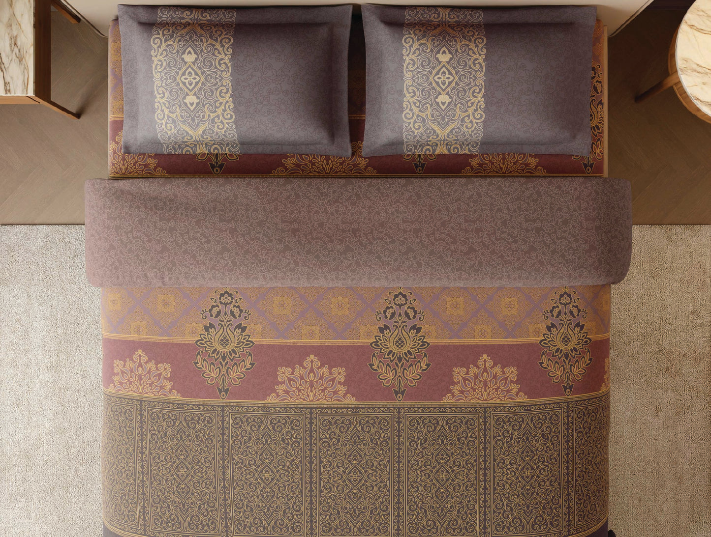 Spaces Tarakashi Light Brown Ornate 100% Cotton Large Bedsheet with 2 Pillow Covers - 108 x 108 Inches