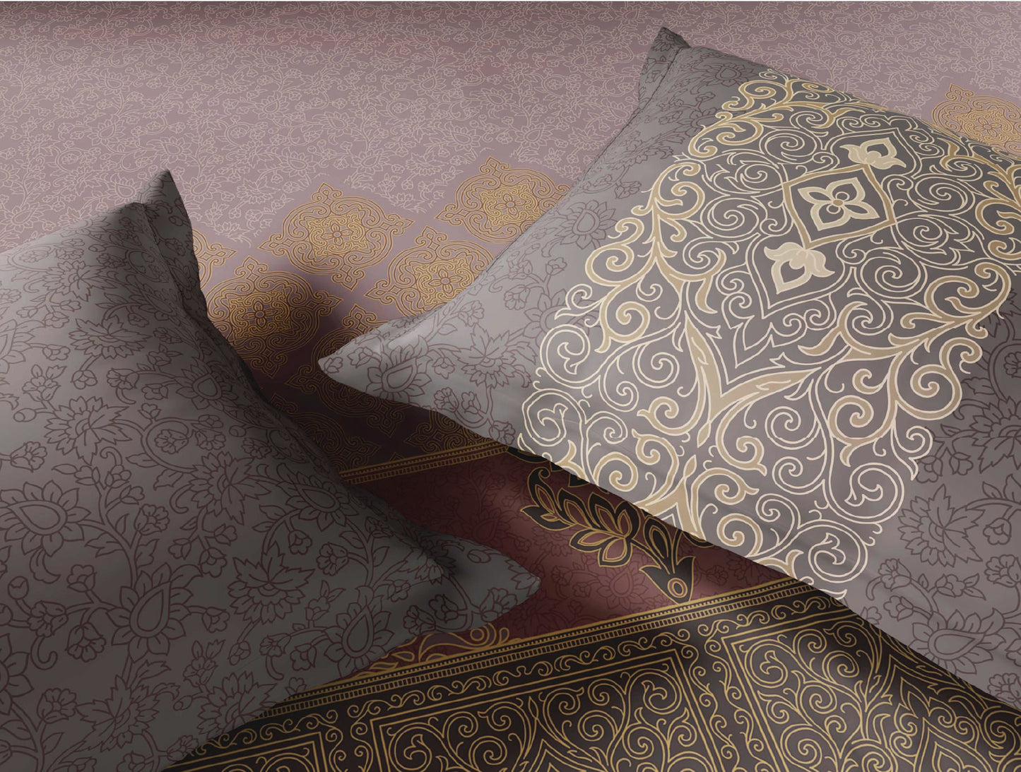 Spaces Tarakashi Light Brown Ornate 100% Cotton Large Bedsheet with 2 Pillow Covers - 108 x 108 Inches