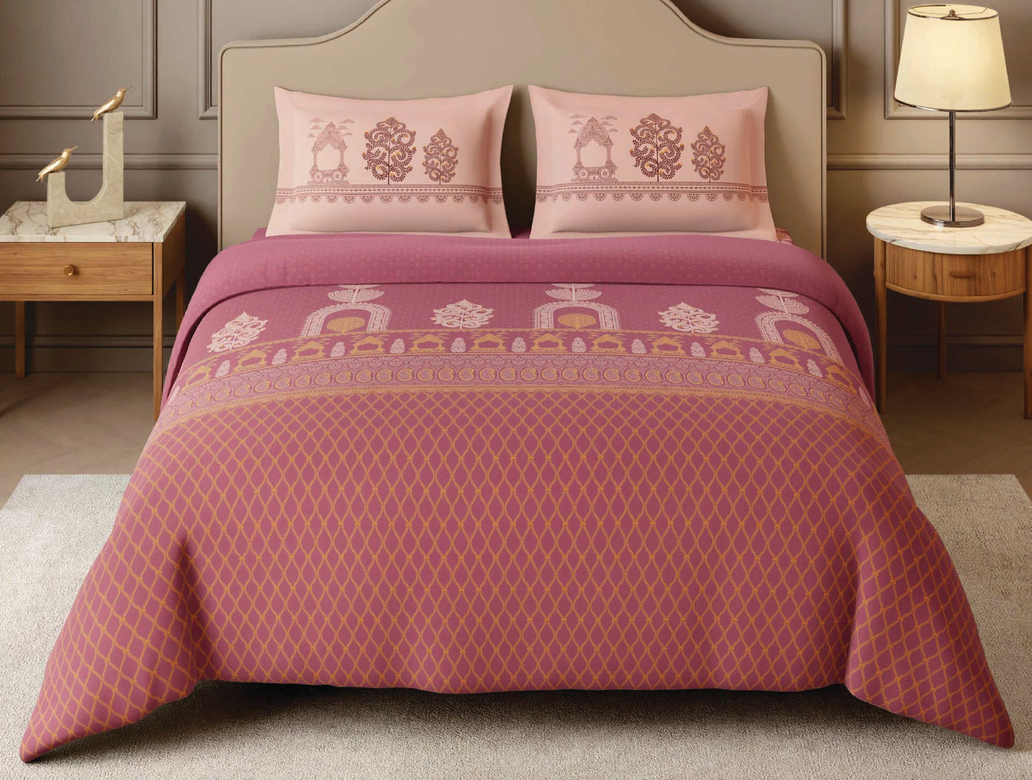 Spaces Patachitra Dark Blush Ornate 100% Cotton Large Bedsheet with 2 Pillow Covers - 108 x 108 Inches