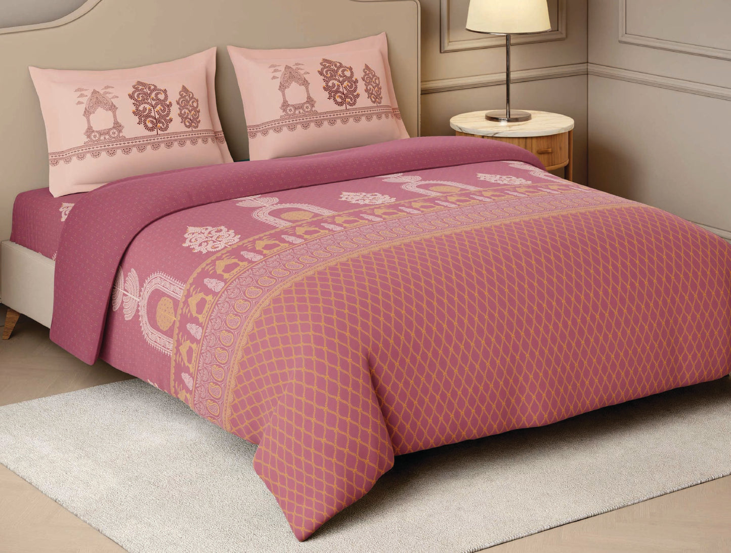 Spaces Patachitra Dark Blush Ornate 100% Cotton Large Bedsheet with 2 Pillow Covers - 108 x 108 Inches