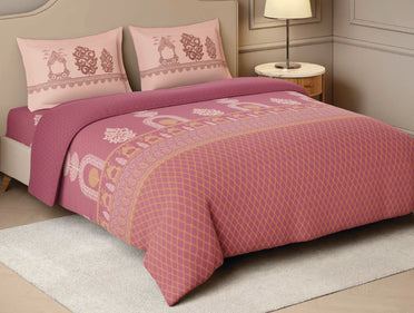 Spaces Patachitra Dark Blush Ornate 100% Cotton 210 TC Large Bedsheet with 2 Pillow Covers - 108 x 108 Inches
