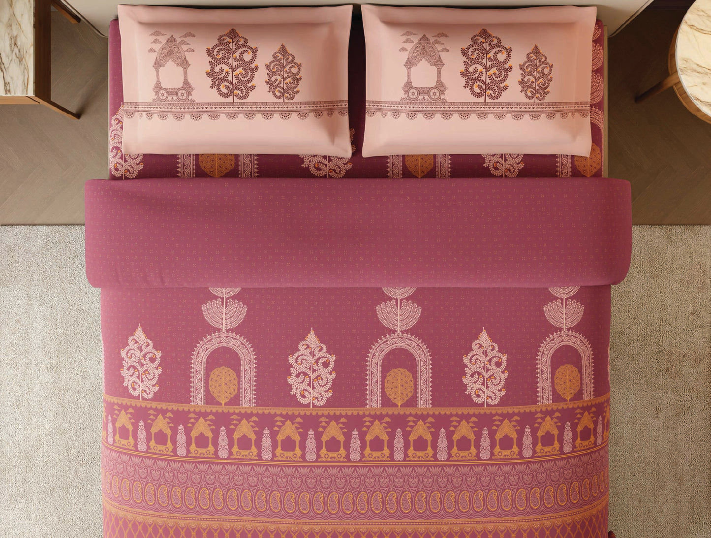 Spaces Patachitra Dark Blush Ornate 100% Cotton Large Bedsheet with 2 Pillow Covers - 108 x 108 Inches
