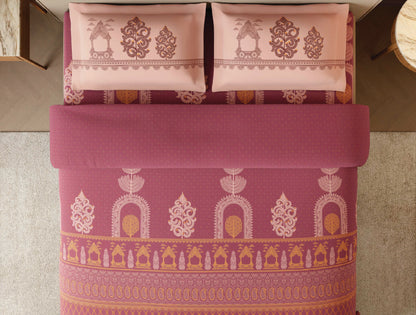 Spaces Patachitra Dark Blush Ornate 100% Cotton Large Bedsheet with 2 Pillow Covers - 108 x 108 Inches