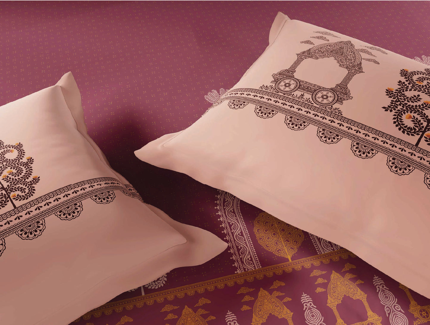 Spaces Patachitra Dark Blush Ornate 100% Cotton Large Bedsheet with 2 Pillow Covers - 108 x 108 Inches