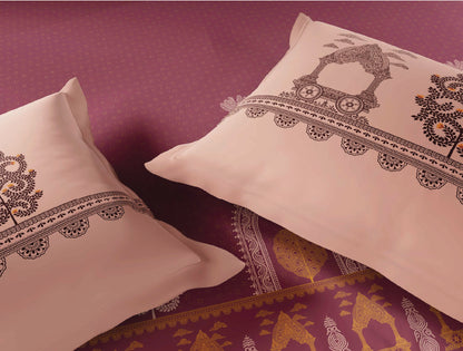 Spaces Patachitra Dark Blush Ornate 100% Cotton Large Bedsheet with 2 Pillow Covers - 108 x 108 Inches