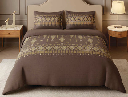 Spaces Jamdhani Dark Brown Ornate 100% Cotton Large Bedsheet with 2 Pillow Covers - 108 x 108 Inches